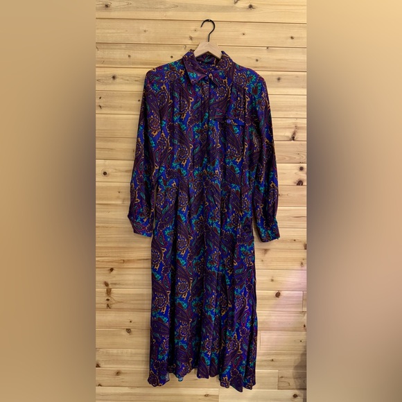 Vintage Dresses & Skirts - Vintage 80’s Raoul Large Retro Bold Colorful Paisley Collared Midi Dress Western